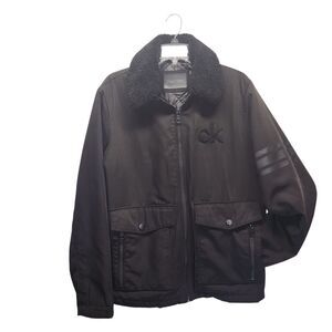 CALVIN KLEIN Men's Black Varsity Jacket with sherpa collar MEDIUM Preppy